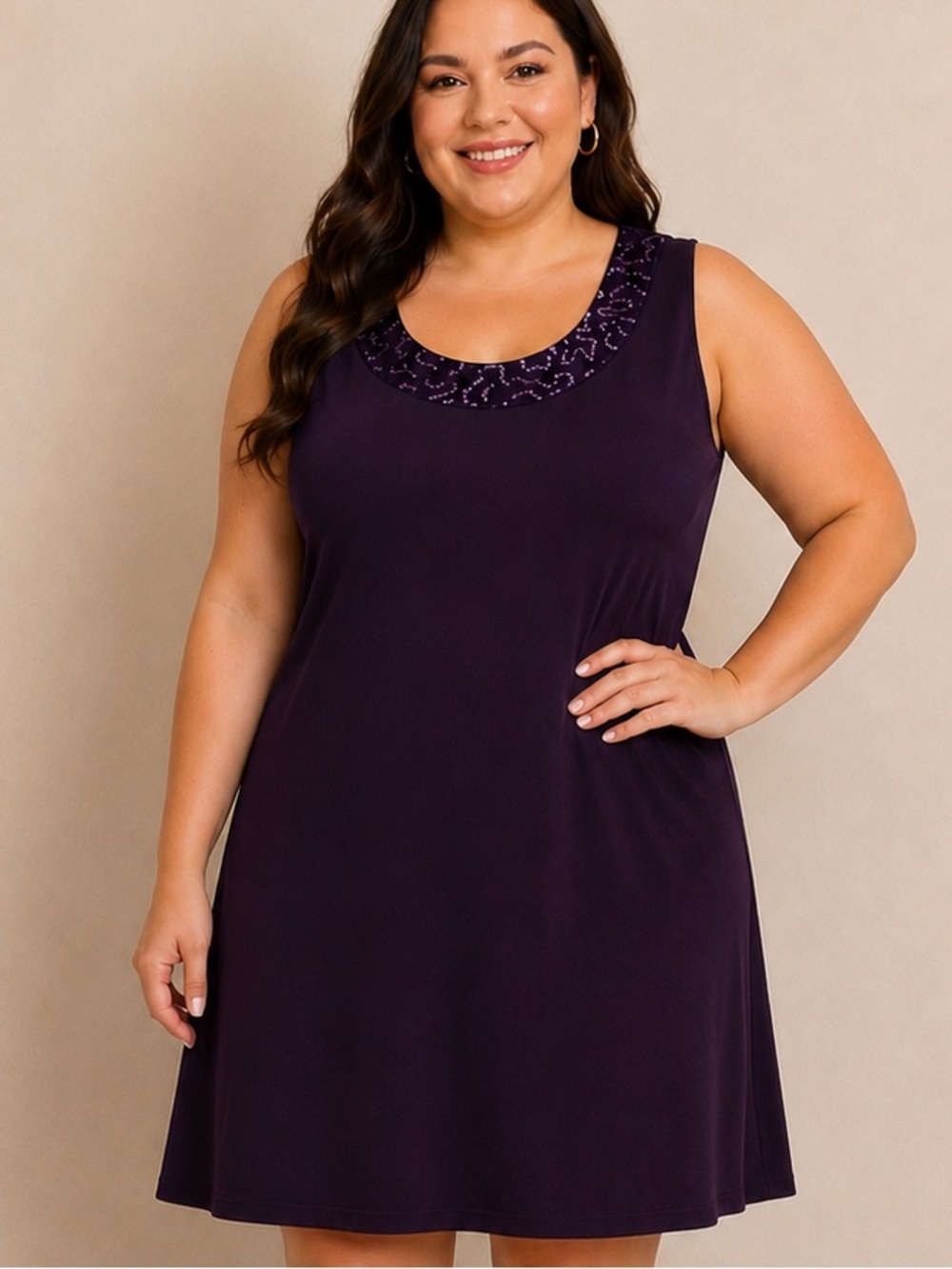 R&M Richards Purple Embellished Neckline Sleeveless Mini Dress